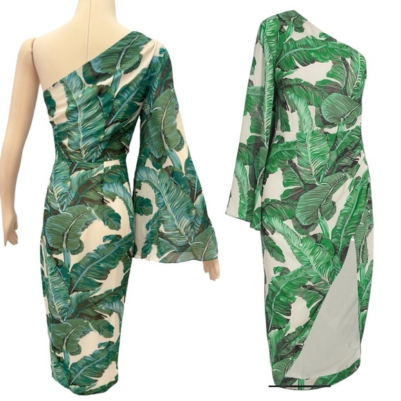 Elliatt Tory One-Shoulder Shift Asymmetrical Hi Low Palm Floral Print Midi Dress - Picture 7 of 12